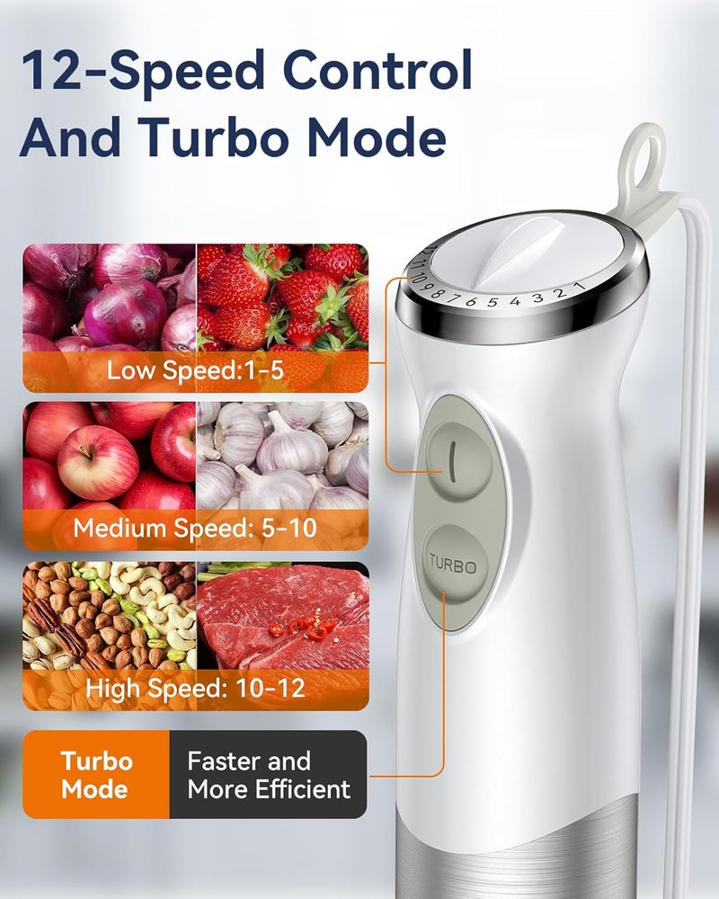 Abuler Immersion Blender Handheld 1000W 5 in 1 Corded Stick Hand Blender Kitchen with 12 Speed, BPA-Free, Mixing Beaker, Chopper, Whisk, Milk Frother, Perfect Emulsifier for Soup, Baby Food, Sauce, Puree - Image 4